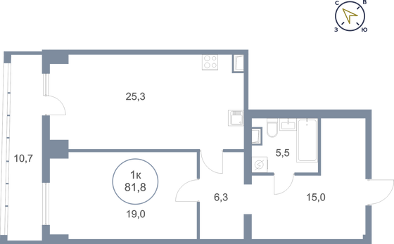 81,8 м², 1-комн. квартира, 24/25 этаж