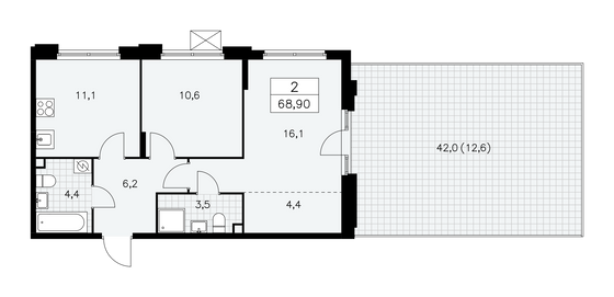 68,9 м², 2-комн. квартира, 2/15 этаж