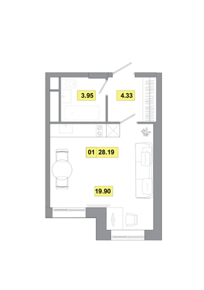 28,2 м², 1-комн. квартира, 1 этаж