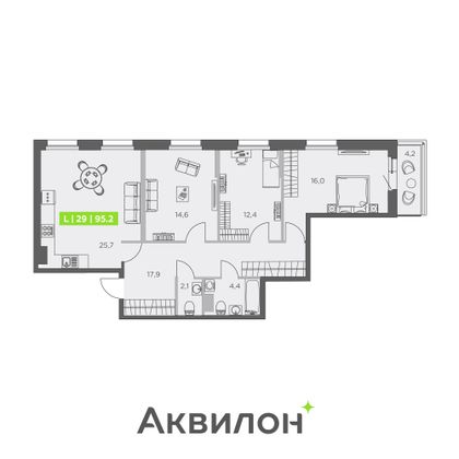 95,2 м², 3-комн. квартира, 5/13 этаж