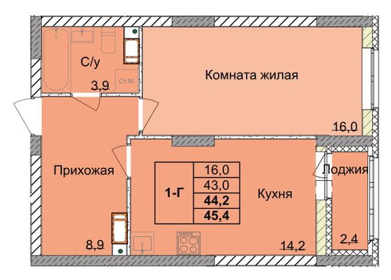 Продажа 1-комнатной квартиры 44,2 м², 15/18 этаж