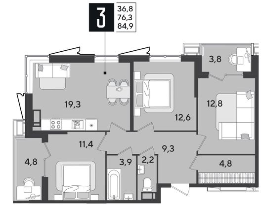 Продажа 3-комнатной квартиры 84,9 м², 18/18 этаж