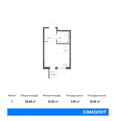 22,6 м², студия, 13/15 этаж