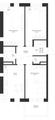 81,4 м², 3-комн. квартира, 3/4 этаж