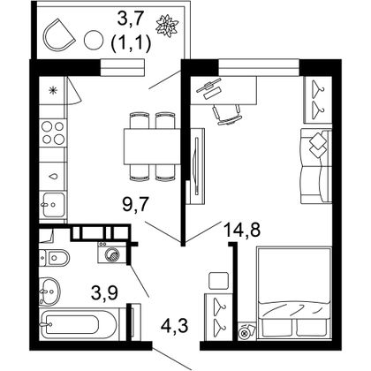 33,8 м², 1-комн. квартира, 6/12 этаж