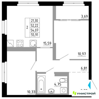 54,1 м², 2-комн. квартира, 2/27 этаж