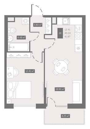 41,9 м², 1-комн. квартира, 2/10 этаж