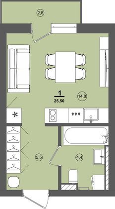 Продажа квартиры-студии 25,5 м², 7/9 этаж