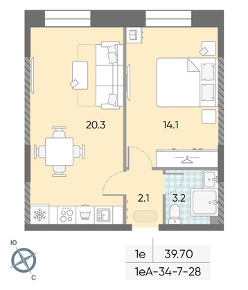 Продажа 1-комнатной квартиры 39,7 м², 11/28 этаж