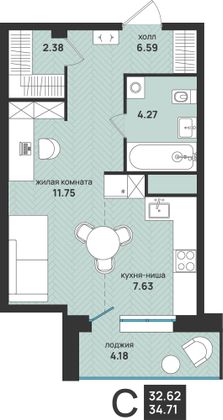 34,7 м², 1-комн. квартира, 2/13 этаж