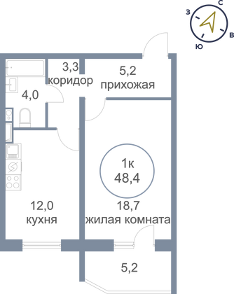 48,4 м², 1-комн. квартира, 1/8 этаж