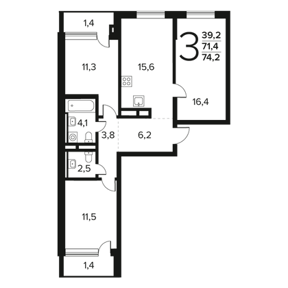 Продажа 3-комнатной квартиры 74,2 м², 4/11 этаж