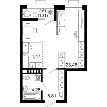39,3 м², 1-комн. квартира, 2/10 этаж