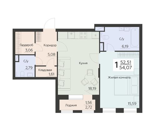 Продажа 1-комнатной квартиры 54,1 м², 5 этаж