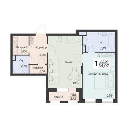 Продажа 1-комнатной квартиры 54,1 м², 3 этаж