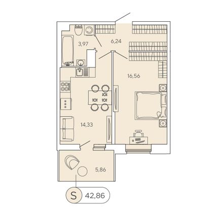 42,9 м², 1-комн. квартира, 3/12 этаж