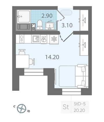 Продажа квартиры-студии 20,2 м², 5/25 этаж