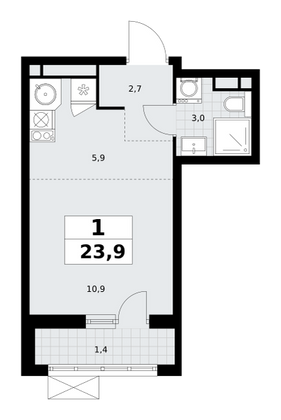 23,9 м², своб. планировка, 3/9 этаж