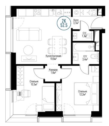 Продажа 2-комнатной квартиры 52,5 м², 6/30 этаж