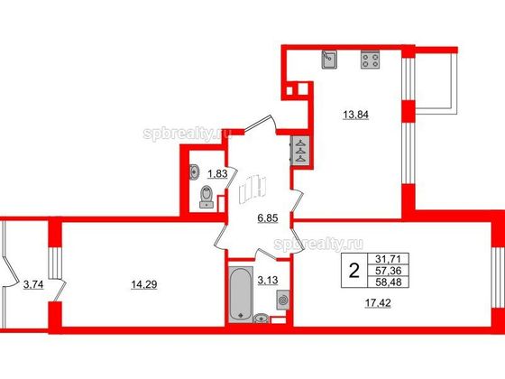 Продажа 2-комнатной квартиры 56,5 м², 1/5 этаж