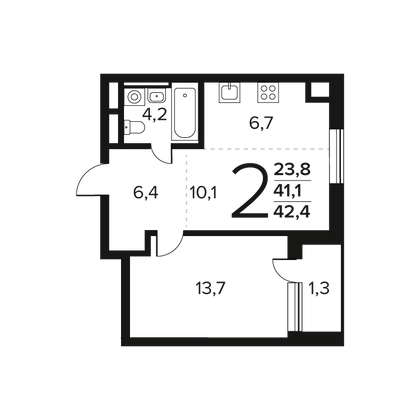 42,4 м², 2-комн. квартира, 6/9 этаж