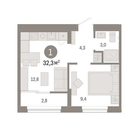 32,3 м², 1-комн. квартира, 6/9 этаж