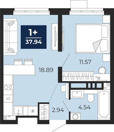 37,9 м², 1-комн. квартира, 21/22 этаж