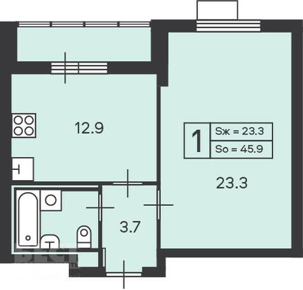 Продажа 1-комнатной квартиры 45,6 м², 7/47 этаж