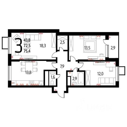 Продажа 3-комнатной квартиры 72,5 м², 8/16 этаж