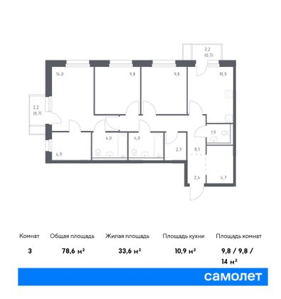 78,6 м², 3-комн. квартира, 9/25 этаж