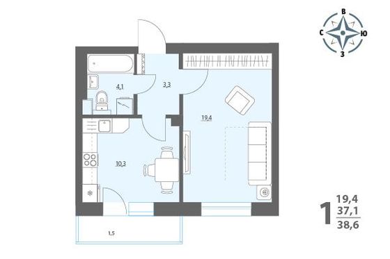 Продажа 1-комнатной квартиры 38,6 м², 8/17 этаж