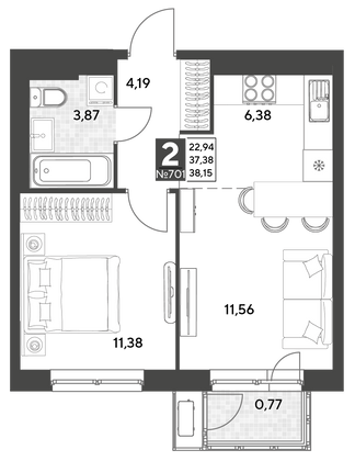 Продажа 2-комнатной квартиры 38,2 м², 11/25 этаж