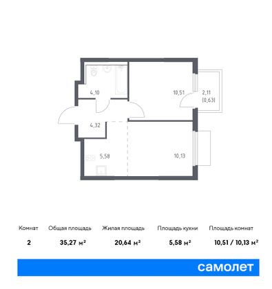 35,3 м², 1-комн. квартира, 8/17 этаж