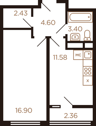 39,8 м², 1-комн. квартира, 7/8 этаж