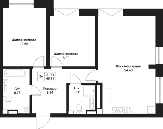 65,3 м², 2-комн. квартира, 5/5 этаж