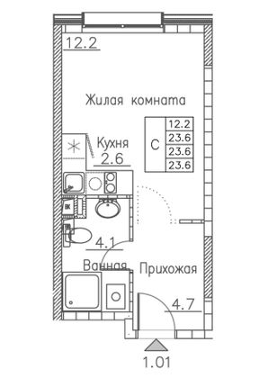 23,6 м², студия, 1/19 этаж