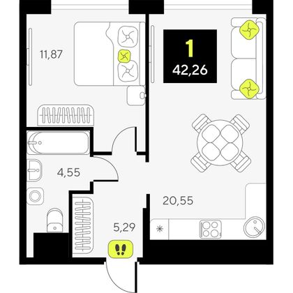 42,3 м², 1-комн. квартира, 12/17 этаж