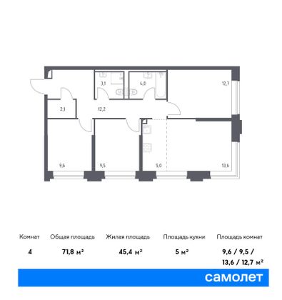 71,8 м², 3-комн. квартира, 1/14 этаж