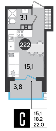 22 м², студия, 9/9 этаж