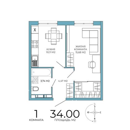 34 м², 1-комн. квартира, 4/18 этаж