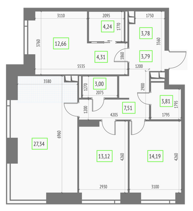 Продажа 3-комнатной квартиры 97,8 м², 4/57 этаж