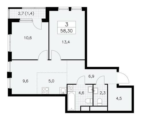 58,3 м², 3-комн. квартира, 20/30 этаж