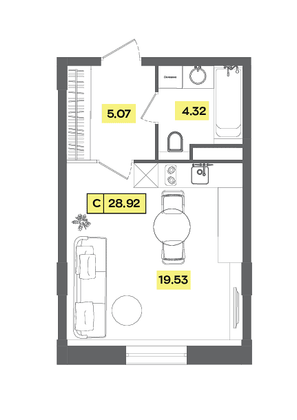 Продажа квартиры-студии 28,9 м², 5 этаж