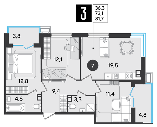 Продажа 3-комнатной квартиры 81,7 м², 3/9 этаж