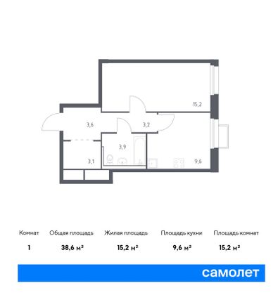 38,6 м², 1-комн. квартира, 18/25 этаж