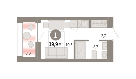 19,9 м², студия, 9/17 этаж