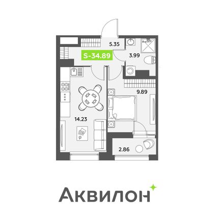 34,9 м², 1-комн. квартира, 4/12 этаж