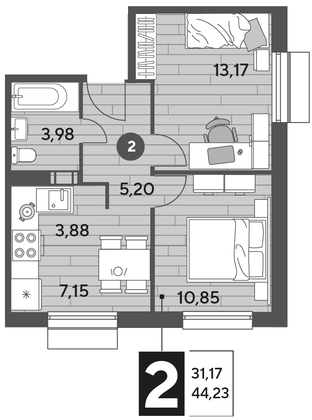 Продажа 2-комнатной квартиры 44,2 м², 2/9 этаж