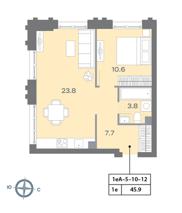 Продажа 1-комнатной квартиры 45,8 м², 11/32 этаж