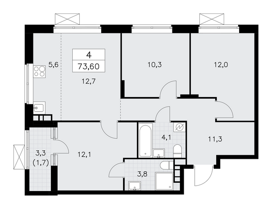 73,6 м², 4-комн. квартира, 12/18 этаж